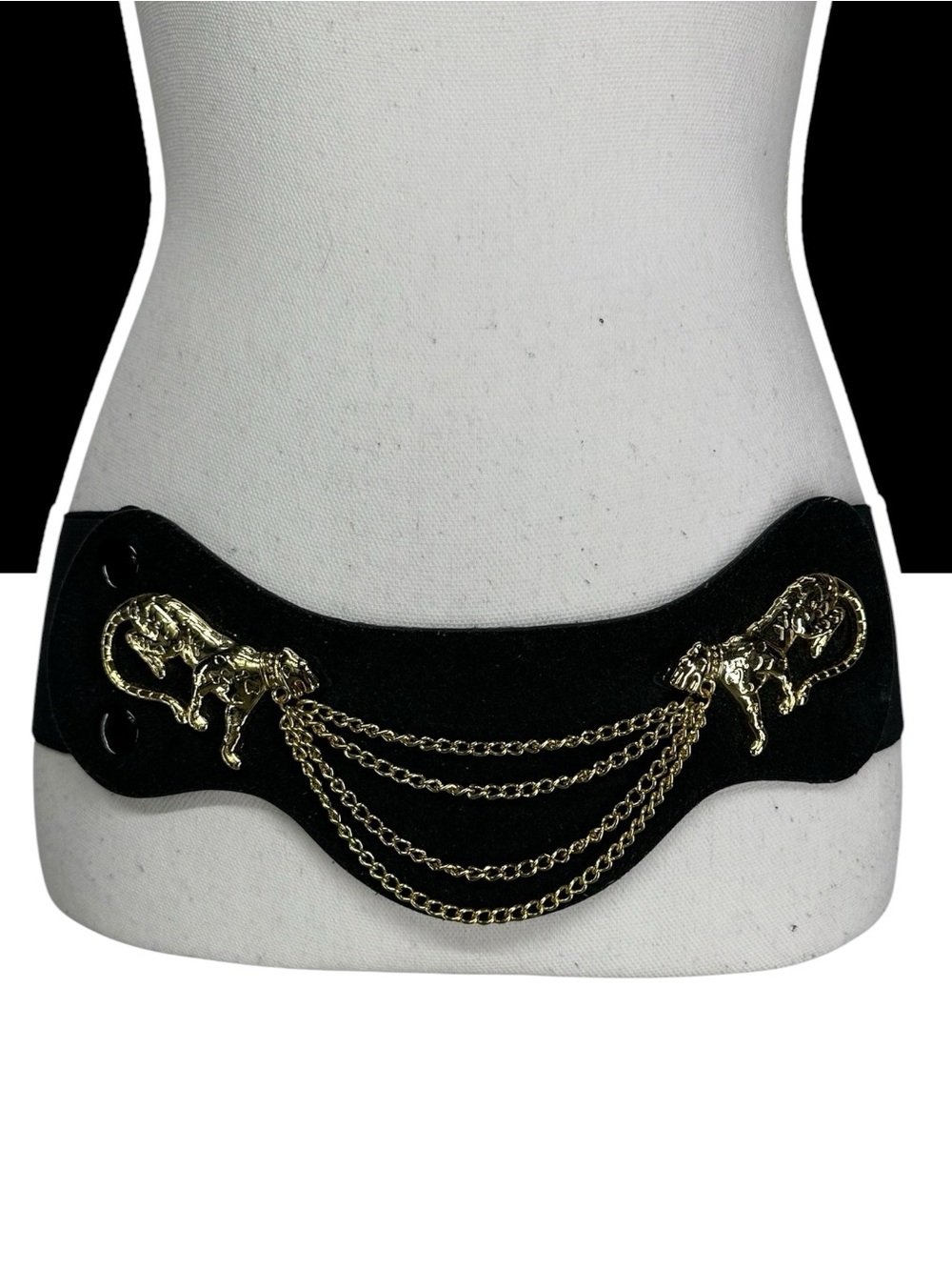 DEENA & OZZY / Black Leather Belt with Gold Cougar Chain / One Size / Goth Y2K